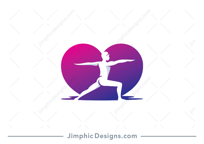 Elegant person in a yoga position shaped with white negative space inside a melting heart.