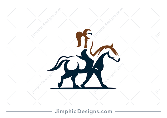 This logo is a bold outline of a horse design in a moving motion. It also features a female woman on the back of the horse riding it. Perfect for any horse riding related company. 