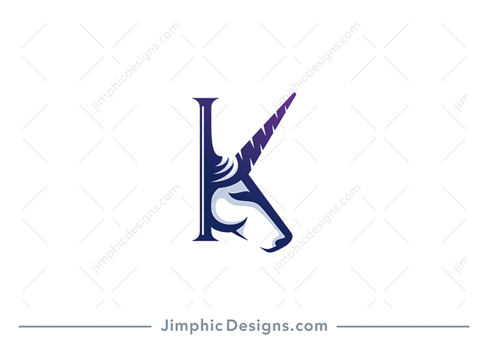 Modern and simplistic unicorn horse head shapes one side of the uppercase letter K design.