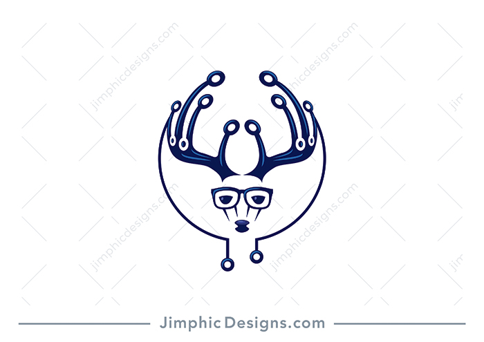 Modern deer head inside a circle with his horns shaped as circuit connectors.