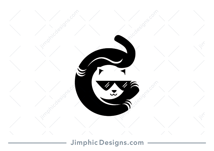 Sleek cat with sunglasses lying in a round circle creating the letter C.