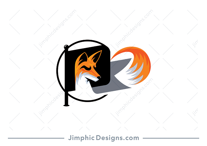 Modern fox head with a fierce look on his face is shaped inside a flag with his tail creating the fin shape on the end of the flag.