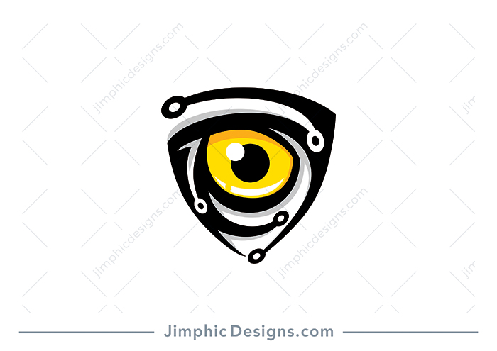 Big eye featured in the center of an iconic shield shaped with circuit swoosh designs.