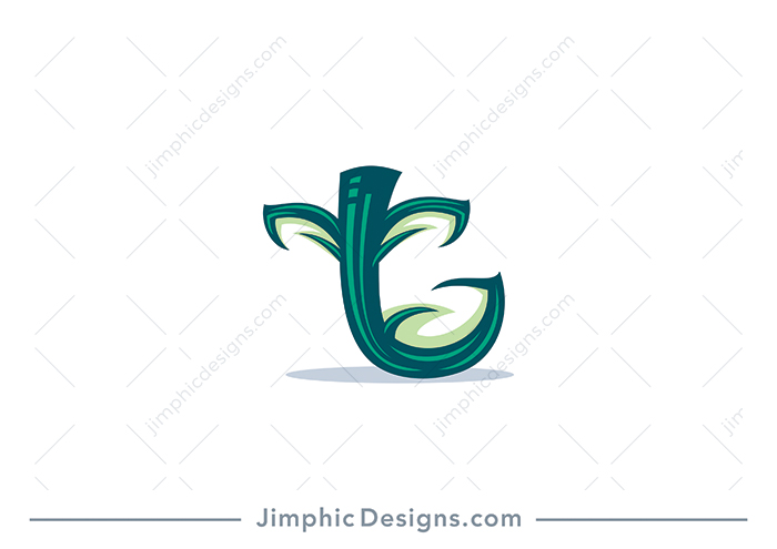 Modern lowercase letter T shaped with one big turning leaf and two small leaves sprouting from the stem.