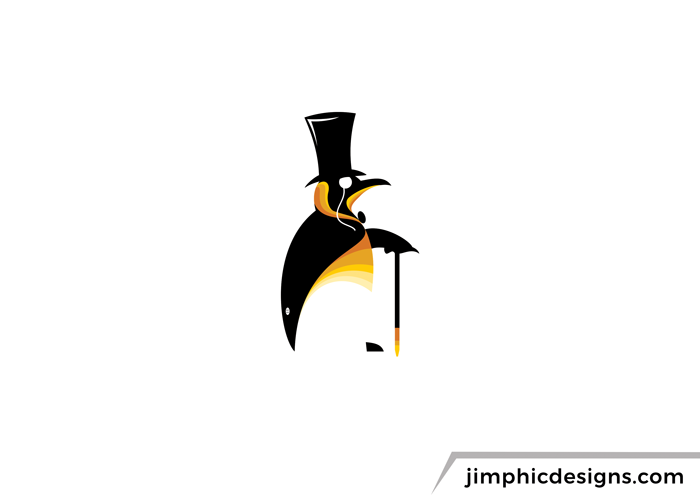 Formal penguin with a tuxedo walking with a cane.