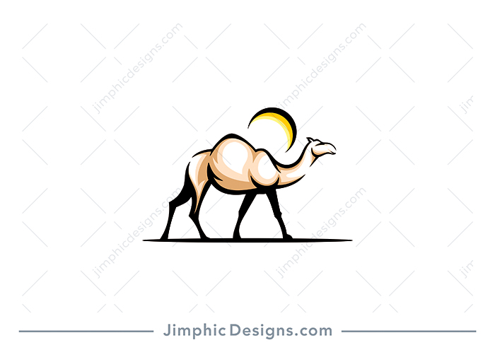 Modern camel animal shaped with abstract lines and some color shadows with the sun above him. 