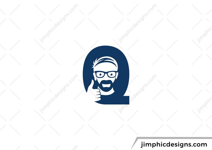 Bold letter Q design featuring a human with glasses approving.