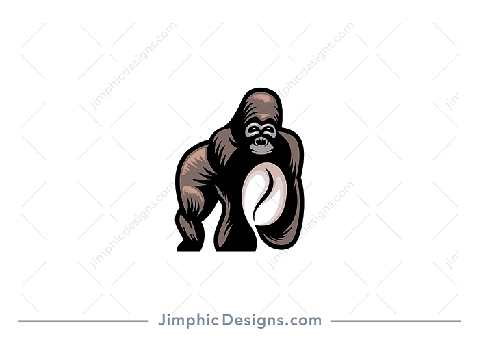 Modern smiling gorilla animal standing on three legs while holding a big oversized coffee bean created with white negative space. 