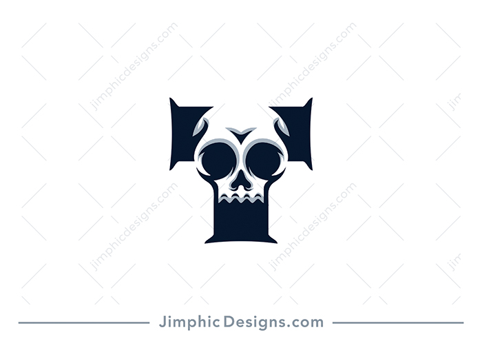 Modern skull graphic incorporated in the middle of an thick uppercase letter T.