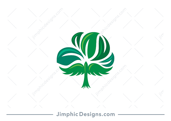 Smooth tree design is shaped with big leaves neatly arranged above a bird flying in a upward direction. 