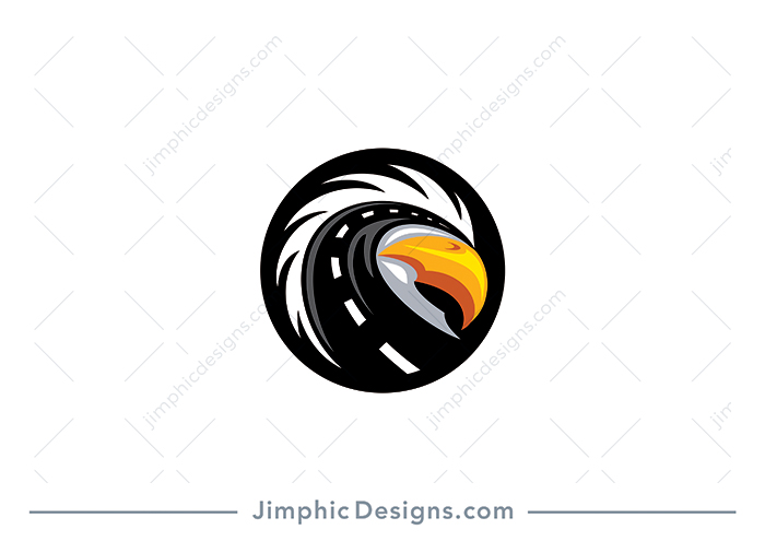 Modern eagle head design inside a round circle featuring a big curving road in the center his face, curving around the the top of his hooked beak. 