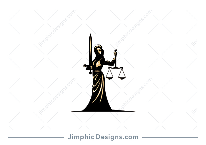 Modern and sophisticated strong female figure with a robe around her body holds a big sword in one hand and the scales of justice in the other. 