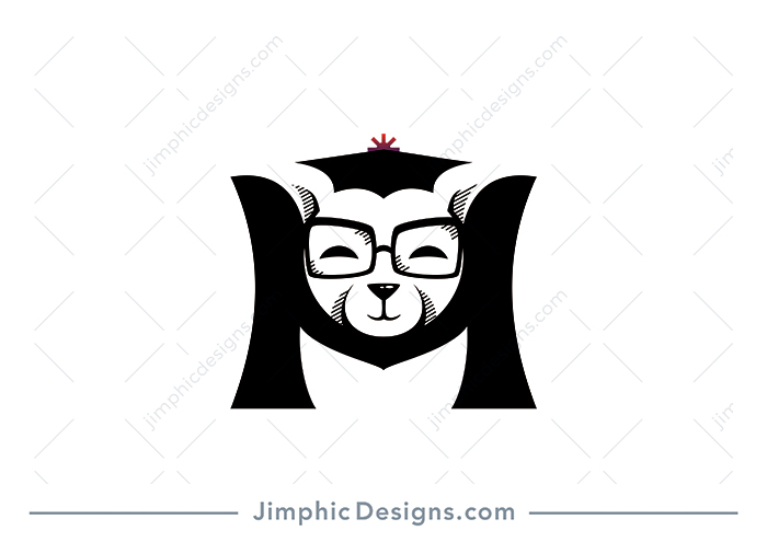 Sleek letter M design featuring a smiling dog with a graduation cap on his head and glasses on his face.