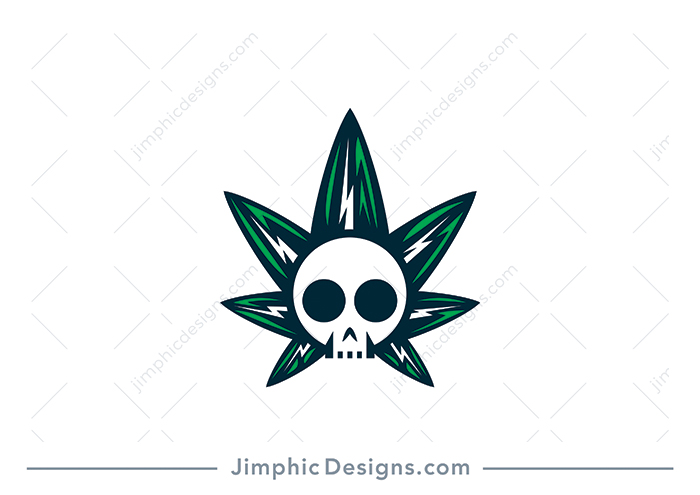 Smooth and modern cannabis leaf design featuring a big skull in the center and lightning bolts inside the leaves.