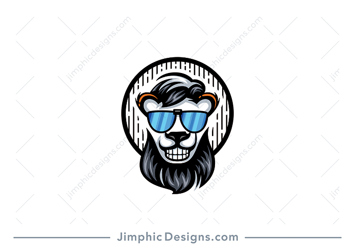 Modern lion head with a hipster haircut and bear wearing a big smile on his face and sunglasses.