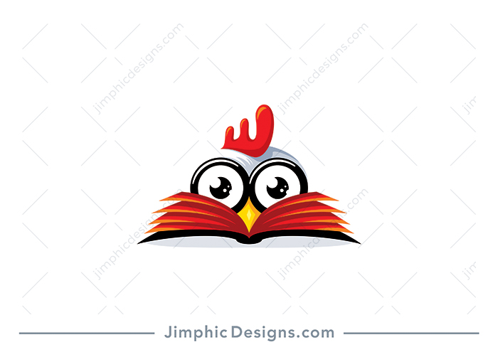 Cute little chicken with big oversized glasses looking over a big open book.