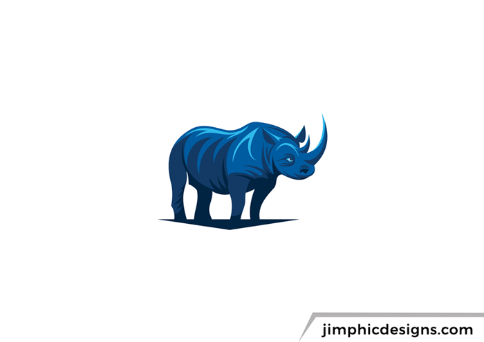 Modern standing rhino logo in blue with strong shadows.