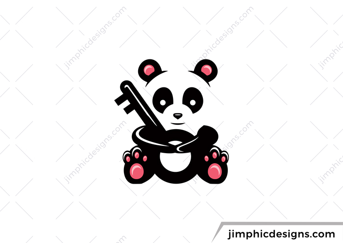 Panda sitting with a key.