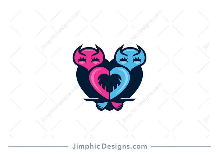 Two cute owl birds sitting back to back shapes a big heart with their bodies.