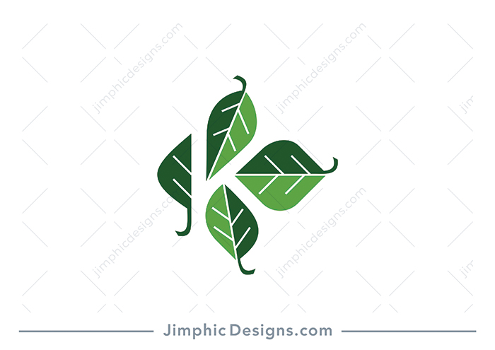 Modern and simplistic leaves arranged in a diamond shape to create the letter K design.