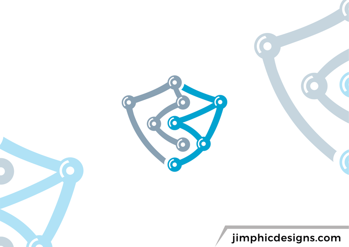 Connecting technology nodes form a shield divided into two parts. Showcasing the secure technology.