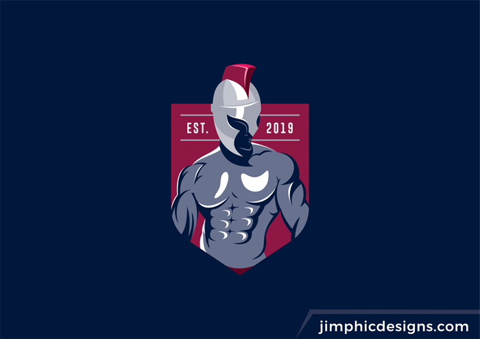 Body builder with a spartan helmet in a crest.