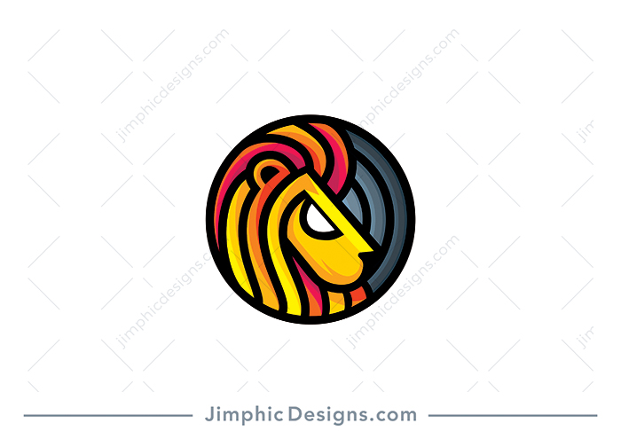 Modern and bold lion head design inside a perfectly round circle shaped with thick outlines.