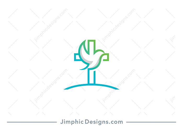 Modern and simplistic Christian cross design featuring a big white dove in front shaped with the lines intertwined with the cross design. 