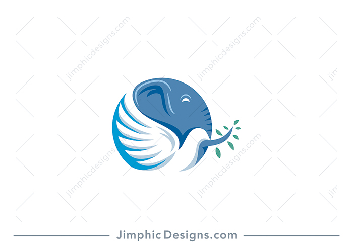 Big white dove design inside a circle with it's wings spread wide open and a olive branch in his beak creates the shape of an elephant above. 