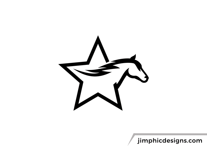 Outline of a iconic star graphic with a horse running out of it.