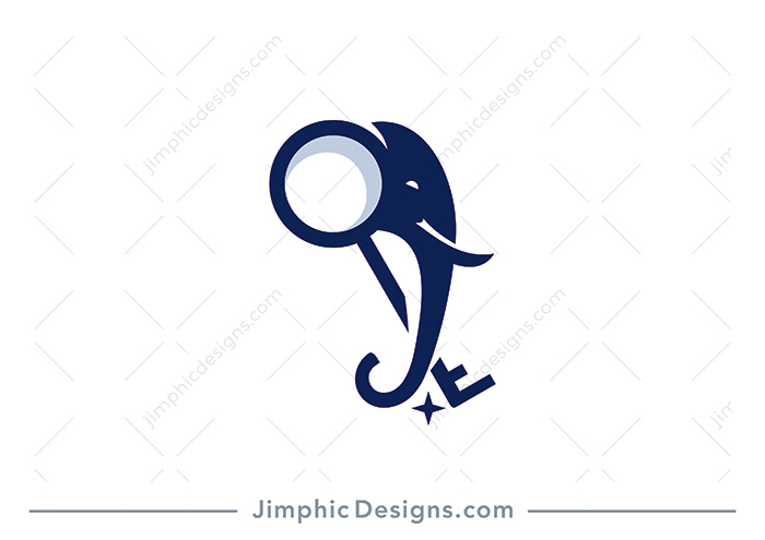 Simplistic elephant head design with his big ear in the shape of an iconic key. 