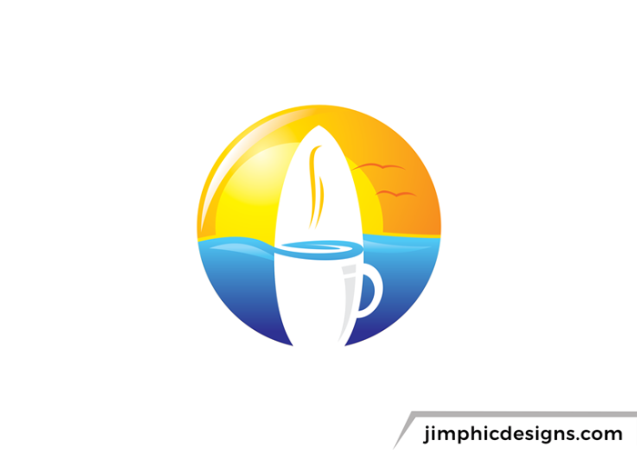 Circle design with a negative space surfboard on a sea landscape shapes a coffee mug.