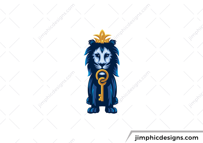 Lion biting down on a key, with a crown on his head.