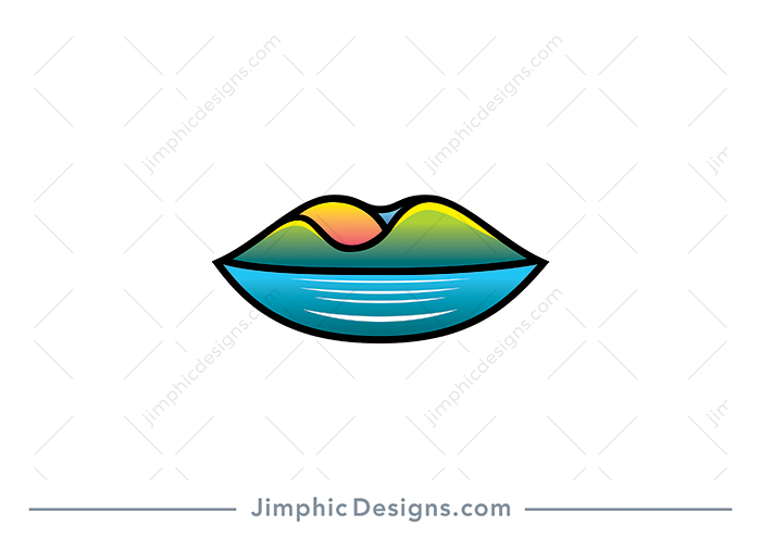 Beautiful nature landscape scene featuring two hills and a big lake with the sun behind is shaped inside iconic lips design. 