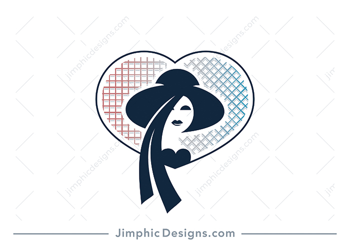 Charming little female character wearing a big fashion hat inside a big heart with a smaller heart on her chest.