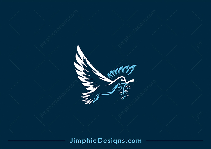 Modern dove bird design flying in the air with his wings spread wide and an olive branch in his beak. 