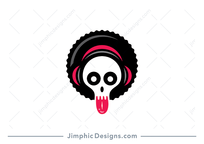 Sleek big Afro hairstyle featuring a skull inside with headphones on his ears sticking out his tongue.