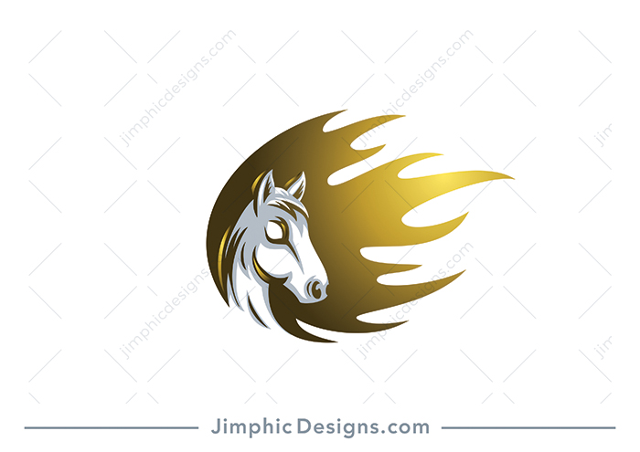 Modern and strong horse head looking back with a bright flame surrounding him.