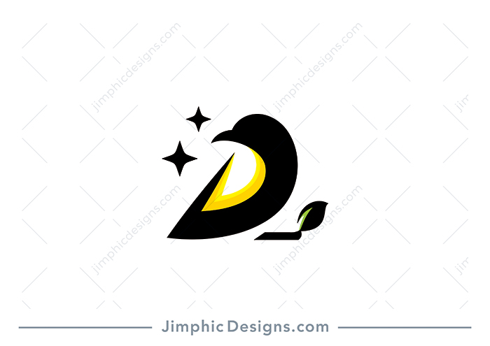 Modern and simplistic bird sitting on a branch in the shape of an uppercase letter D.