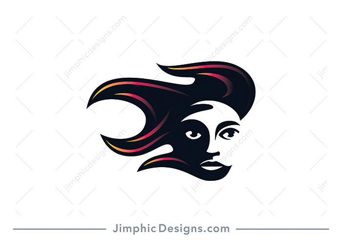 Modern girl face design with a flame shaped around in a moving motion as her hair.