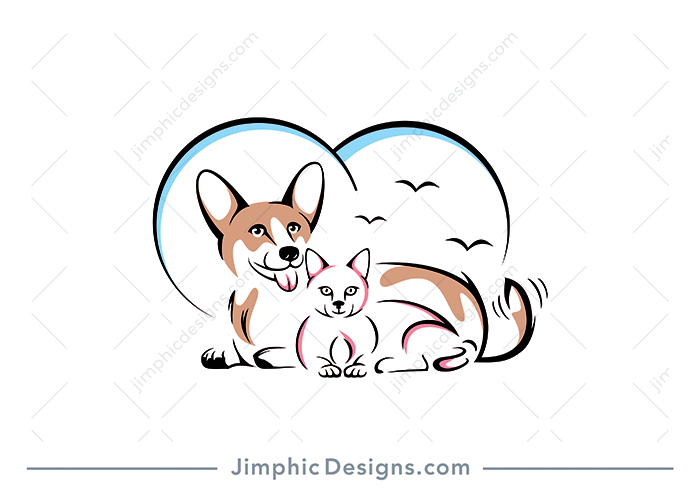 Modern and charming pets lying next to each other with a slight heart graphic in the background.