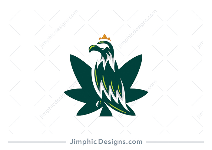 Modern eagle with a crown on top sitting inside a cannabis leaf.