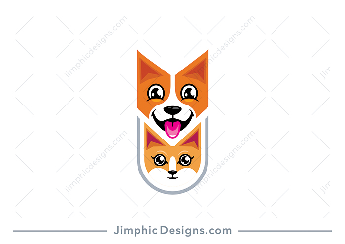 Modern cat and dog design with the cat sitting above the dog and big smiles on both.