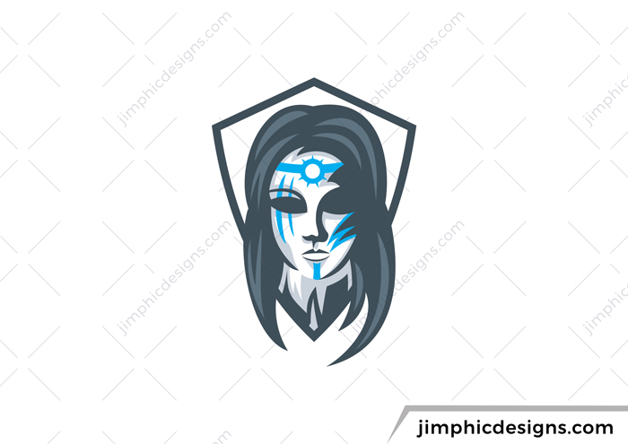 Warrior female with tribal marks on her face inside a crest design.