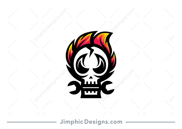 Sleek skull with flames on his head biting a big wrench stool between his teeth.