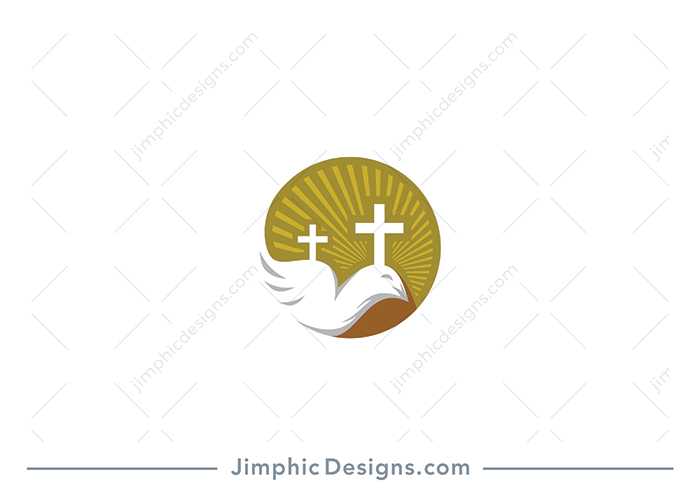 Modern white dove bird is shaped with white negative space inside a circle with the flowing graphics shaping the hills with the Crosses. 