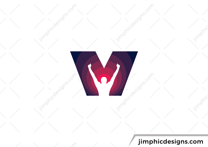 Bold and big letter M shaped around a winning person with his hands in the air.