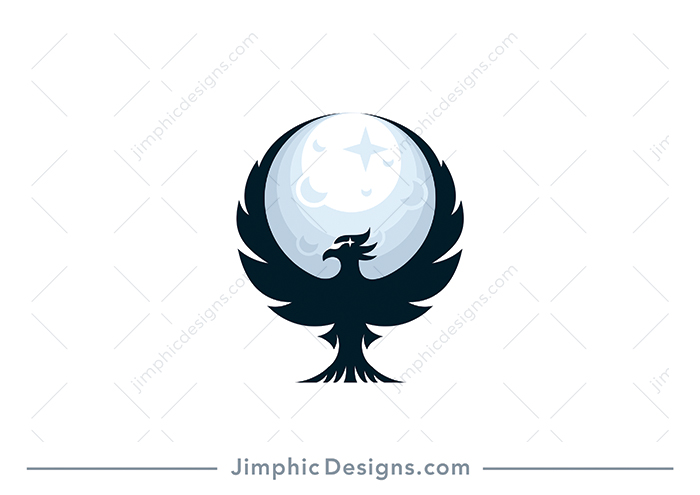 Modern and simplistic phoenix bird shaping its wings to create a moon.