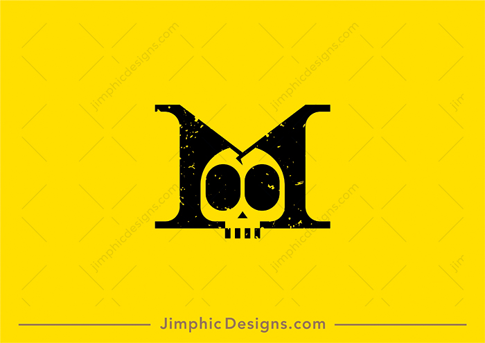 Charming Sans Serif uppercase letter M design featuring a negative space skull inside.