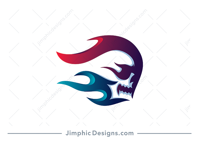 Modern skull design in a moving motion with a two color flame surrounding the skull.